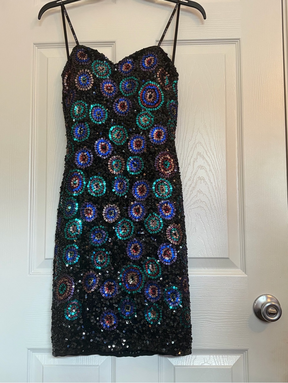 Black Sequin Mini Dress with Iridescent Blue-Green Circle Embellishments